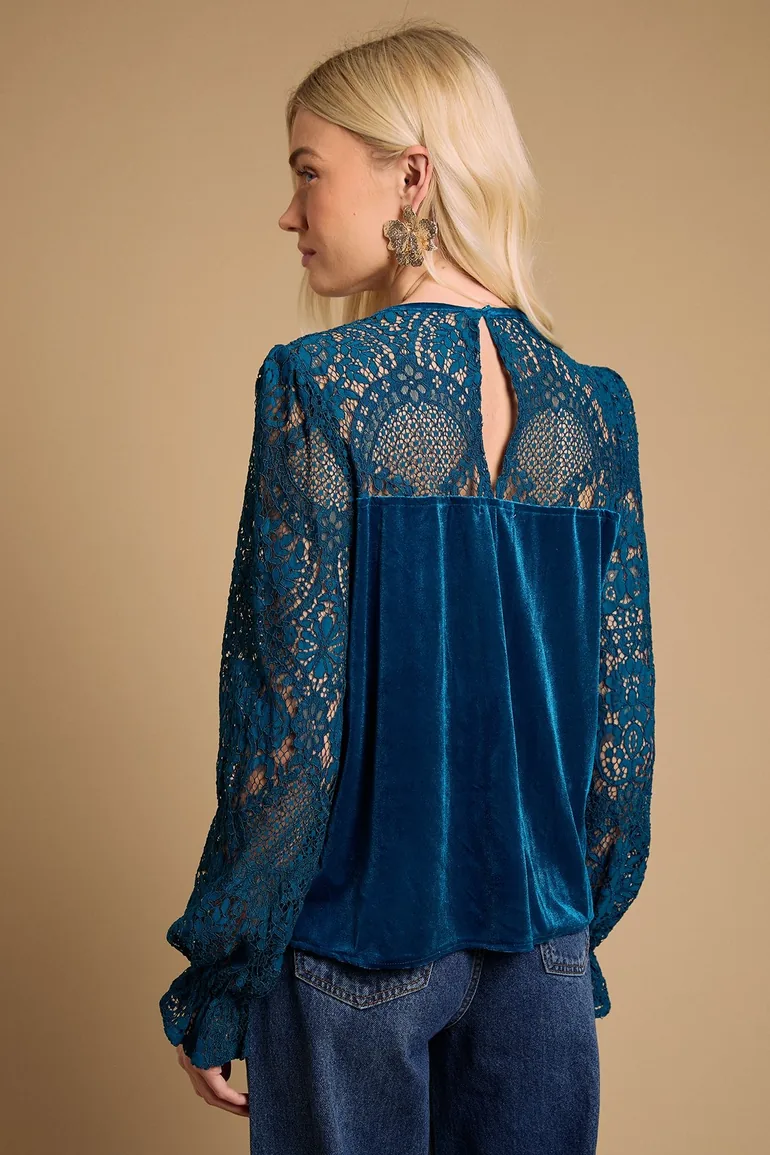 Lace Sleeve Velvet Tie Neck Blouse - 3