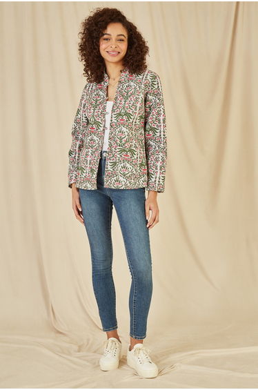 Yumi Pink Floral Print Reversible Cotton Quilted Jacket