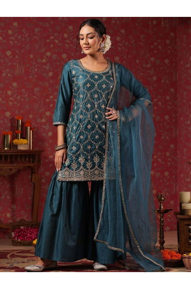 Teal Silk Blend Kurta with Pants and Dupatta Set