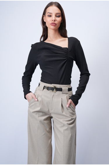 Women's Black Asymmetrical Neck Drape Detail Wrap Blouse