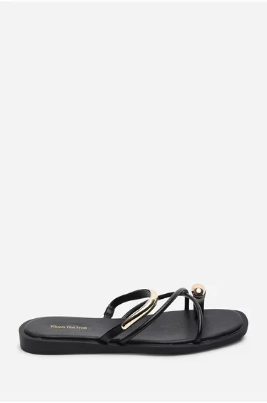 Zelina Strappy Metal Toe Loop Black Slide On Sandal