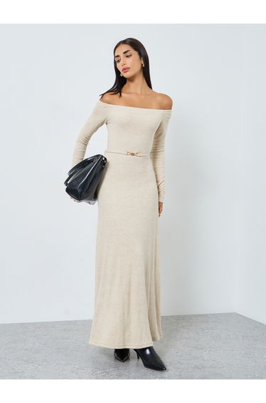 Beige Long Sleeve Maxi Sweater Dress