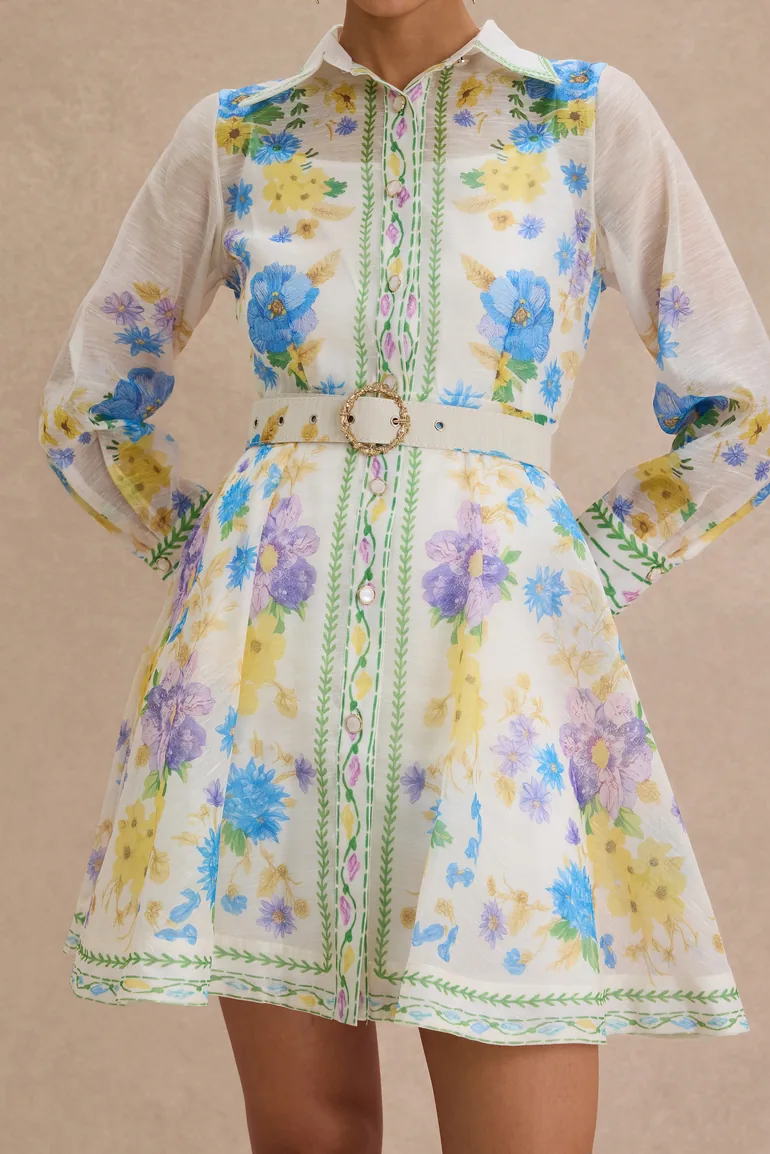 Floral Single Breasted Mini Dress With Belt - 6
