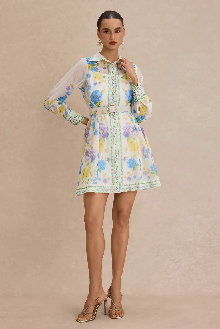 Floral Single Breasted Mini Dress With Belt