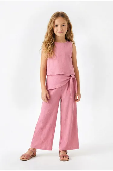Pink Girls' Muslin Plain Knitted Top and Bottom Set