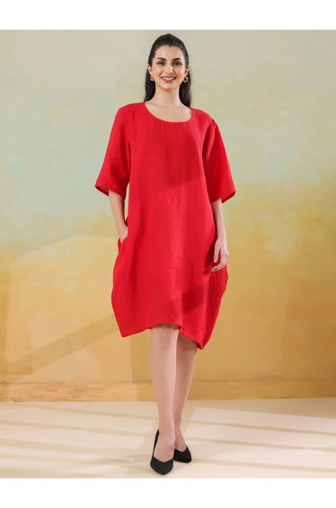 Women Red Linen Blend Round Neck A-Line Knee-Length Dress