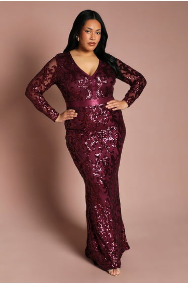Plus Size Long Sleeve Sequin Maxi Dress