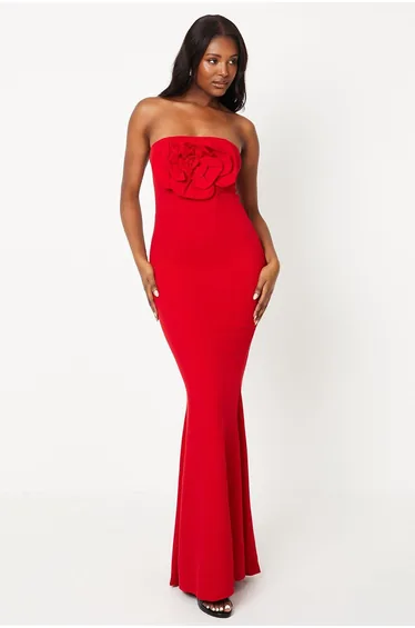 Bandeau Maxi Gown With Rose Corsage