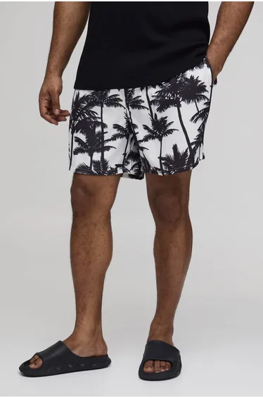 Plus Palm Tree Print Mid Length Swim Shorts - white