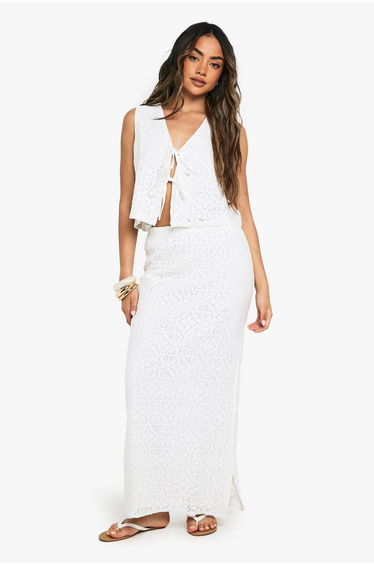 Crochet Side Split Maxi Skirt - white