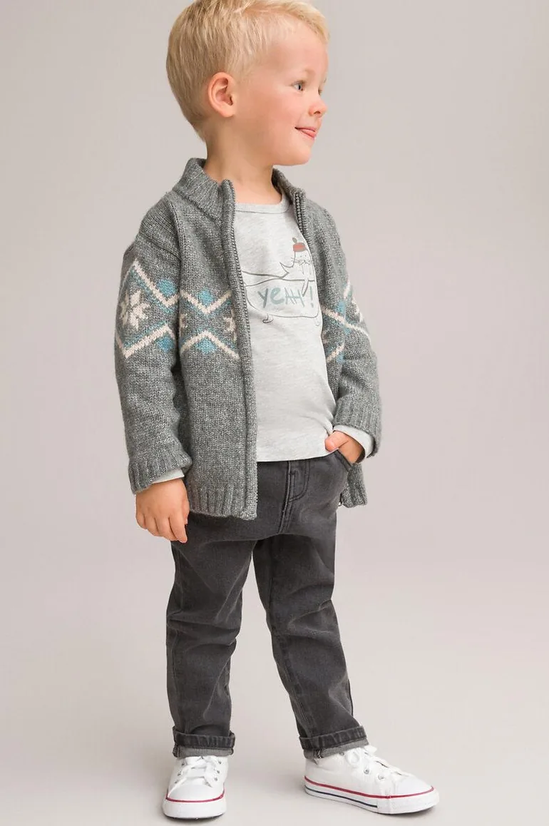 Jacquard High Neck Cardigan with Zip Fastening