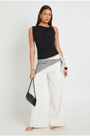 Gold Trim Hammered Crepe Sleeveless Top - black