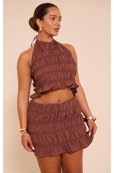 Shape Chocolate Hammered Satin Ruched Halterneck Top