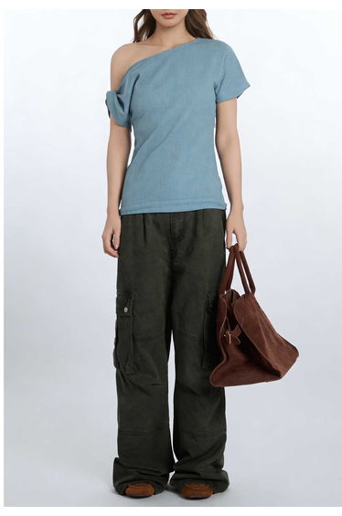 Twisted Side One-Shoulder Waffle Top in Dusty Blue for Casual Hangouts & Girls’ Nights