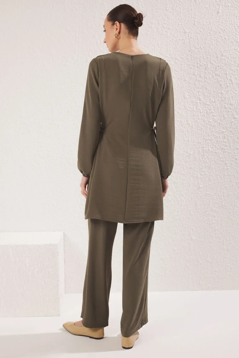 Dark Khaki Eyelet Tie Detail Aerobin Tunic-Pants Set - 4