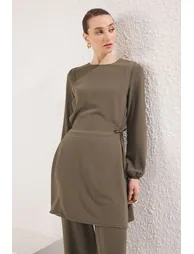 Dark Khaki Eyelet Tie Detail Aerobin Tunic-Pants Set - 1