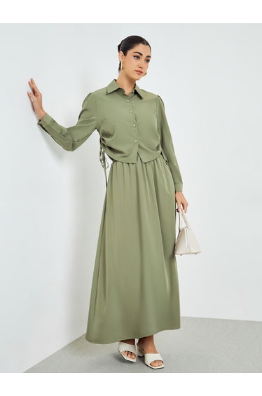 Women Ruched Shirt and Maxi Skirt Modest Set