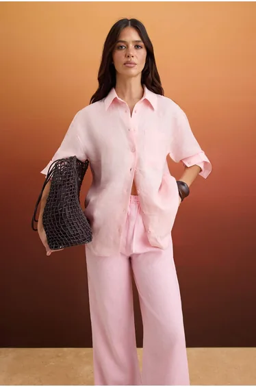 Pink 100% Linen Pocket Detailed Oversized Shirt