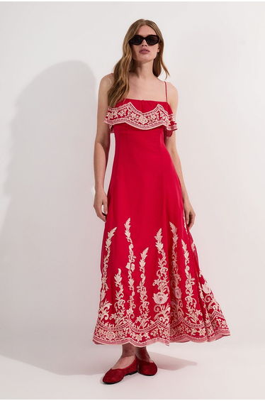 Embroidered Applique Strappy Midaxi Dress