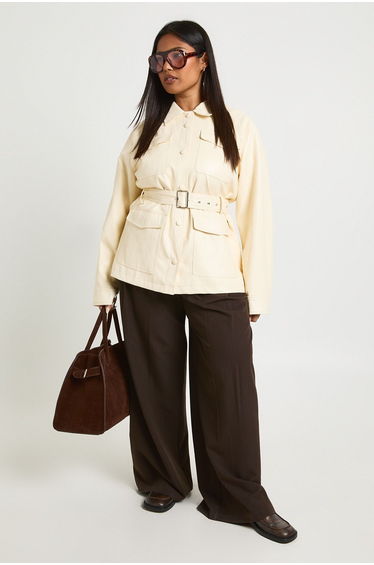 Plus Faux Leather Belted Utility Pocket Shacket - butter