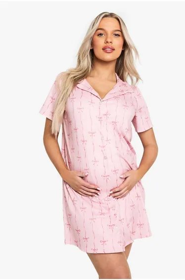 Maternity Bow Print Button Through Collar Nightie