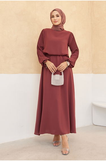 Pleated Sleeves Skirt Tunic Set - Dried Rose