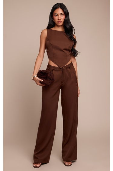 Chocolate Woven Pleat Detail Wide Leg Trousers