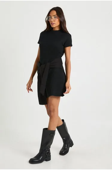 Tall High Neck Short Sleeve Knitted Mini Dress - black