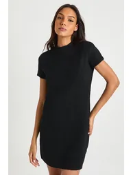 Tall High Neck Short Sleeve Knitted Mini Dress - black - 1