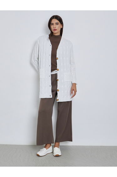 Beige Textured Midi Cardigan Sweater