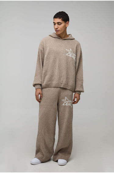 Oversized Boxy Hooded Boucle Knitted Tracksuit - taupe