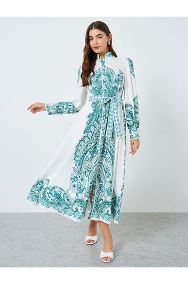 Floral Printed Stand Collar Belted Maxi Dress