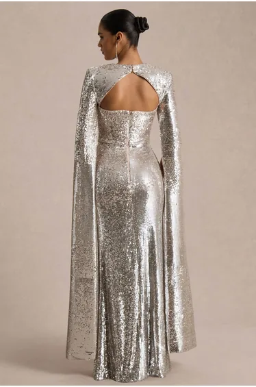 Devora | Silver Sequin Crew-Neck Maxi Dress With Cape Sleeves