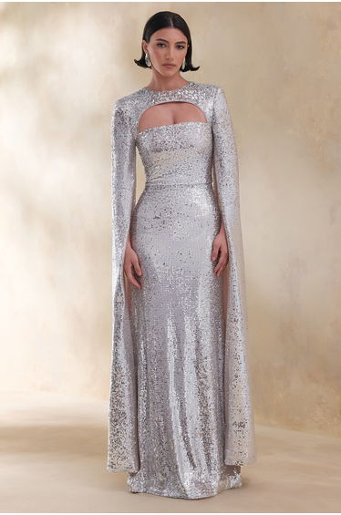 Devora | Silver Sequin Crew-Neck Maxi Dress With Cape Sleeves