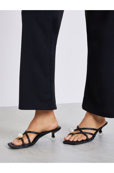 Black Pearl Detail Kitten Heel Sandal