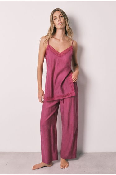 Satin-finish lace strap long pyjamas