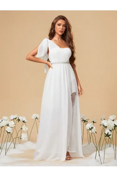 Leely Elegant One Shoulder Sleeveless A-line Wedding Dress