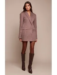 فستان بليزر مخطط بأكمام طويلة - بني