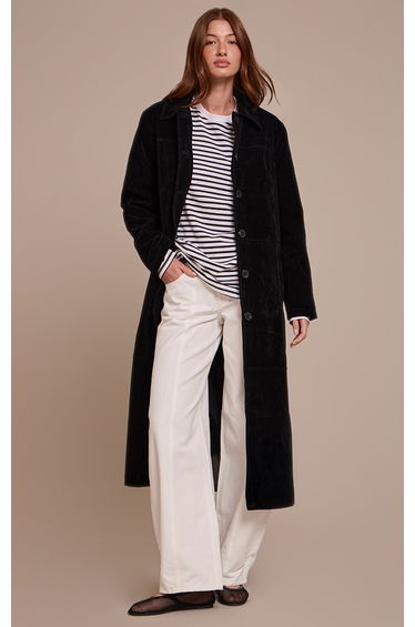 Black Suede Longline Button Coat