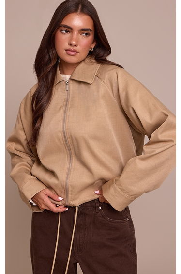 Beige Utility Style Draw Cord Bomber Jacket