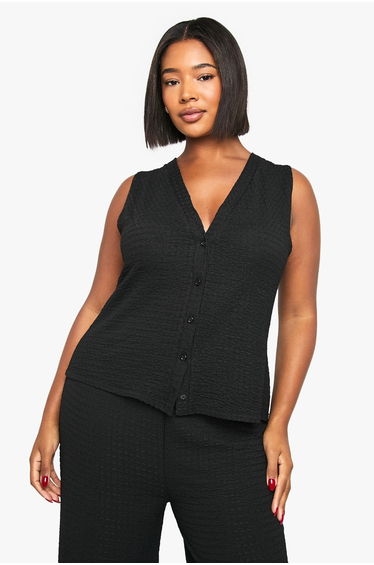 Plus Textured Button Through Sleeveless Top - black