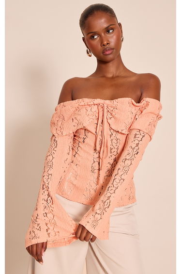Mauve Fitted Lace Flared Sleeve Bardot Top