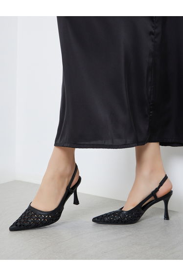 Black Embellished Slingback Stiletto Heel Shoes