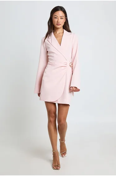 Tall Buckle Detail Tie Waist Blazer Dress - pastel pink