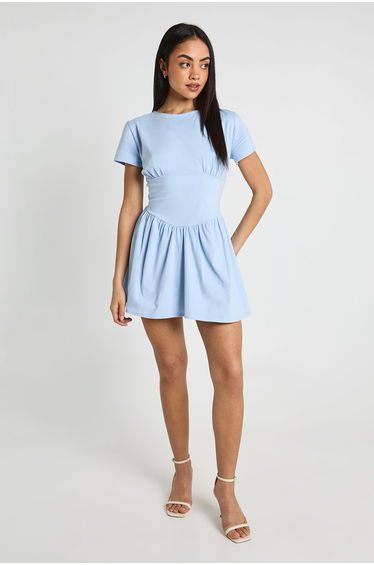 Cotton Cinched Waist Cap Sleeve Skater Dress - baby blue