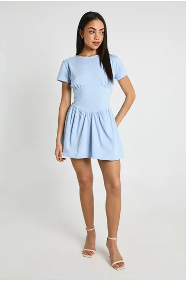 Cotton Cinched Waist Cap Sleeve Skater Dress - baby blue