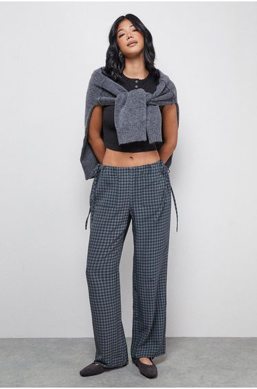Green Check Mid Rise Tie Side Pocket Trouser