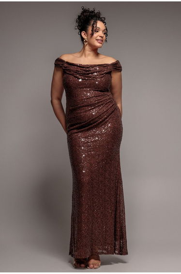 Cap Sleeve Iridescent Sequin Cowl Maxi Dress - Brown
