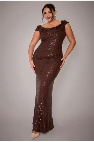 Cap Sleeve Iridescent Sequin Cowl Maxi Dress - Brown