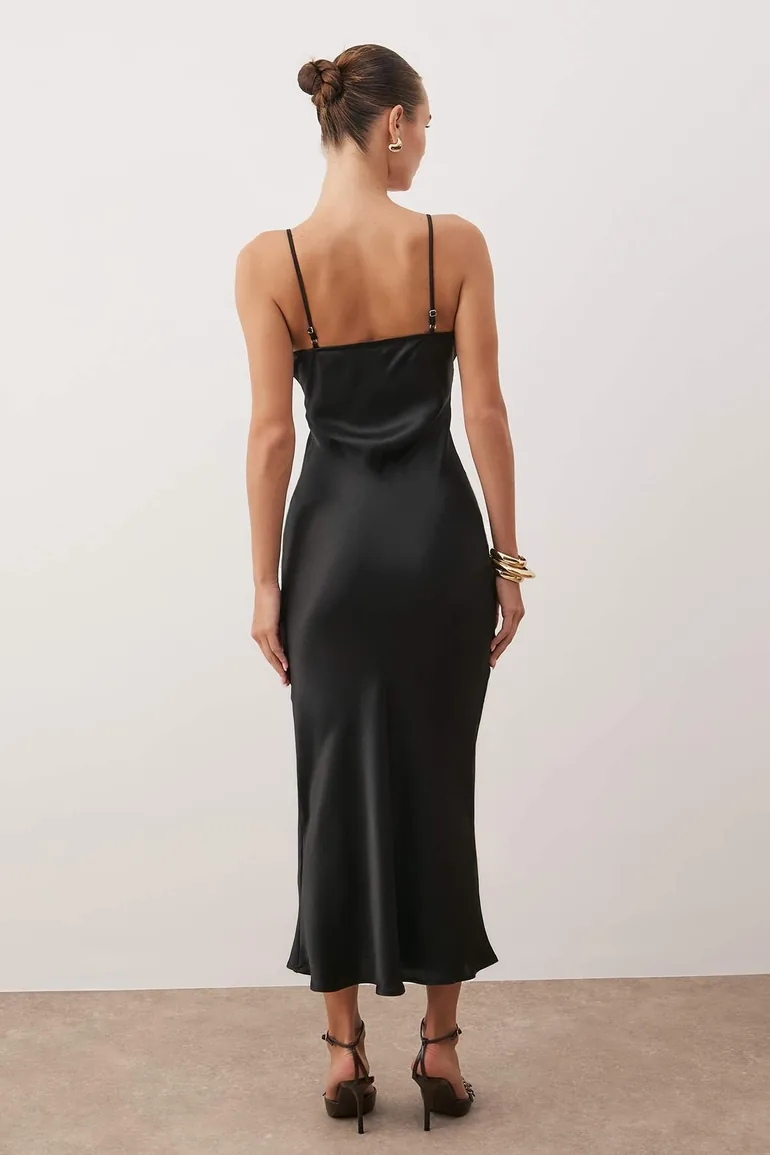 Black Straight Cut Strap Maxi Woven Dress - 3